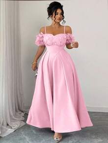 Elenzga 大码缀饰细肩带心形领口蝴蝶3D花朵收腰短袖A字连衣裙，紫色和薰衣草色，优雅法式风格 - 粉色 - 查看 1