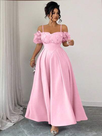 Elenzga Plus Size Embellished Spaghetti Strap Sweetheart Neckline Butterfly 3D Floral Waist Cinching Short Sleeve Slimming A-Line Dress, Purple & Lavender, Elegant French Style