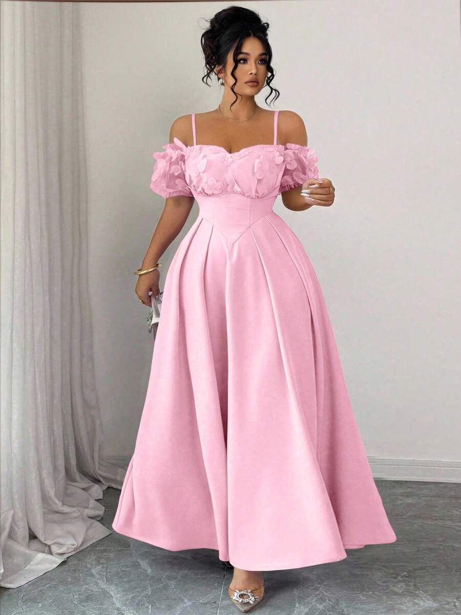 Elenzga 大码缀饰细肩带心形领口蝴蝶3D花朵收腰短袖A字连衣裙，紫色和薰衣草色，优雅法式风格 - 粉色 - 查看 1