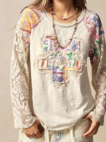 Bohemela Áo thun nữ Boho Thu/Đông/Xuân kiểu vintage, chất liệu dệt kim trơn màu phối ren hoa văn Paisley, cổ tròn, tay dài, dáng rộng, thích hợp cho kỳ nghỉ, đi xem hòa nhạc, đi nghỉ mát, đi học, Giáng sinh và Năm mới. - Màu be - Xem 7