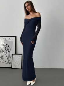 Aloruh Off-Shoulder Mesh-Twist-Rüschenkleid, romantisches Abendkleid mit langen Ärmeln