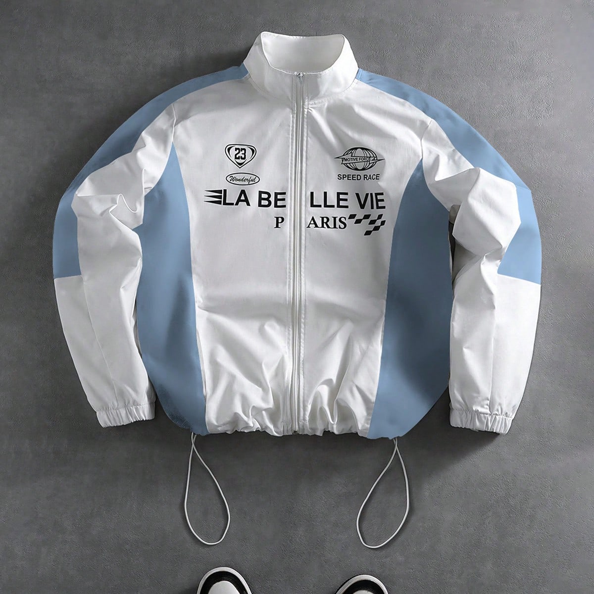 Chaqueta casual de hombre con cuello de contraste, estampado de letras y cremallera delantera. Chaqueta gráfica con cremallera, chaqueta de carreras,