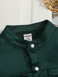 SHEIN Middle Eastern Boys' Round Neck Satin Solid Color Long Sleeve Tunic With Side Slits, Spring/Autumn - Green - View 8