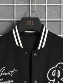 Chaqueta universitaria para hombre estilo urbano juvenil con bordado creativo, ajuste holgado, cuello alto, manga larga, primavera otoño, diario, chamarra - Negro - Ver 4