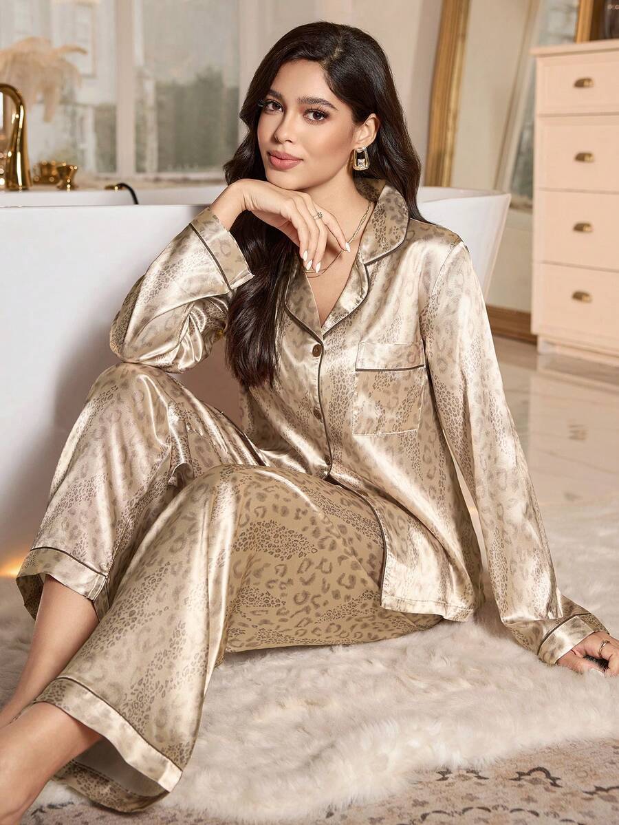 LuxeNights Leopard Print Faux Silk Long Sleeve Top & Pants Women Pajama Set Women Night Suit With Print Women Leopard Print Pajama Set Gold Satin Pajama Set Gold Pjs Women Satin Leopard Print Sleepwear, Winter Clothes