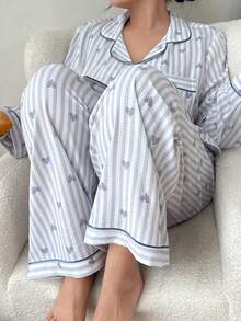 SHEIN Casual Woman Apricot Striped Plus Size Pajama Set Long Sleeve Lapel Button Front Long Pant Sets Woven Fabric - Apricot - View 5