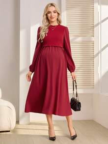 SHEIN Nursing Dress With Long Sleeves, Square Neckline, Nursing Access Design On Top, Ribbed Top And Woven Skirt - Burgundy - View 7