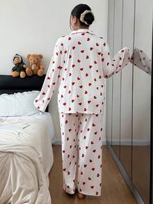 SHEIN Women's Plus Size Allover Heart Print Long Sleeve Pajama Set, Suitable For Outerwear Heart Comfy Pajamas Set, Winter Clothes - Multicolor - View 4