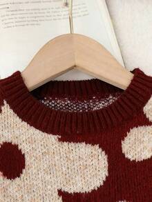 SHEIN Playful Pals Toddler Girls Cute Vintage Style Floral Print Knit Sweater & Loose Pants 2pcs Set,Kids Long Sleeve Flower Sweater Sets,Young Girl Burgundy,Autumn - Redwood - View 3
