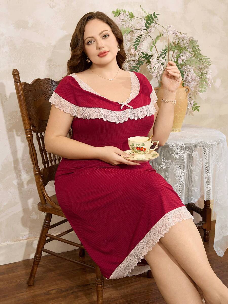 Côtesoire Plus Size French Romantic Lace Off-Shoulder A-Line Nightgown - Rose Red - View 1