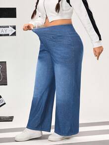 Flexra Plus Size Women Casual Everyday Commute Simple Versatile Elastic Waist Loose Wide Leg Jeans - Medium Wash - View 5