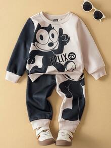 SHEIN Felix The Cat Baby Boy Casual Everyday Commute Funny Cartoon Letter Graphic Contrast Color Sweatshirt And Sweatpants Set, Spring/Autumn - Blue - View 9