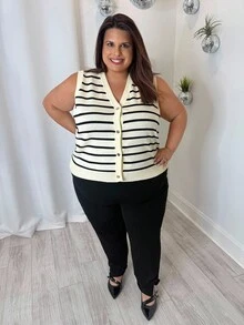 Enliva 大码条纹针织毛衣背心，夏季时尚 - 杏色 - 查看 3