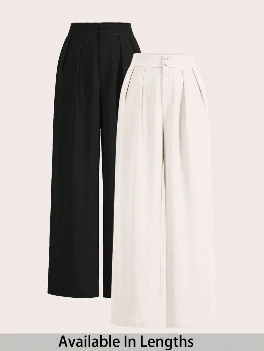 SHEIN Tall CURVE 大码夏季高腰阔腿裤套装，多件套，高腰褶皱阔腿裤，宽松长裤 - 彩色 - 查看 1