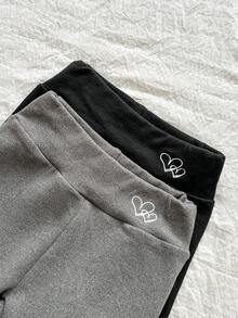 SHEIN Vintaside Kids 两件装女童打底裤，饰有心形刺绣图案，天鹅绒内衬，适合日常休闲穿着，秋冬季节适用。 - 黑色 - 查看 4