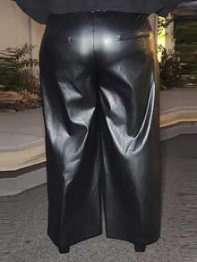 Truni Lacenleopard Plus Size Black Button Design Side Pocket Leather Straight Pants, Winter, For Pear Triangle Body Shape - Black - View 2