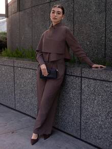 Andrea Bello 秋冬款女士高腰收腰中长款西装外套（披肩袖）2 件套 - 咖啡棕 - 查看 6