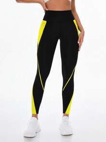 Exploreva Quần legging túi cạp cao màu tương phản dành cho nữ, phù hợp cho việc tập thể dục và chơi thể thao hàng ngày - Màu vàng - Xem 5