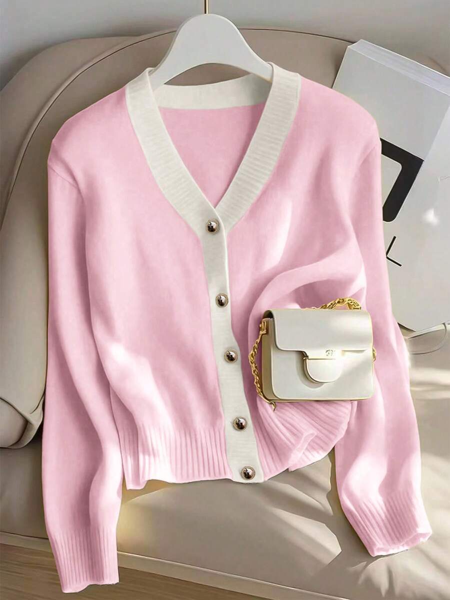 SHEIN LUNE New Slim Fit Stylish Color Block V-Neck Cardigan For Women, Chic & Versatile, Spring/Autumn - Dusty Pink - View 1