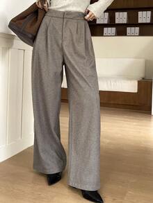 DAZY Women's High Waist Herringbone Pleated Wide Leg Loose Casual Pants - Khaki - View 4