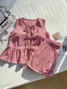 Comfortcana Bộ 2 món áo kẻ caro đỏ trắng mùa hè cỡ lớn thắt nơ 3 chiếc và quần short - Đỏ và trắng - Xem 1