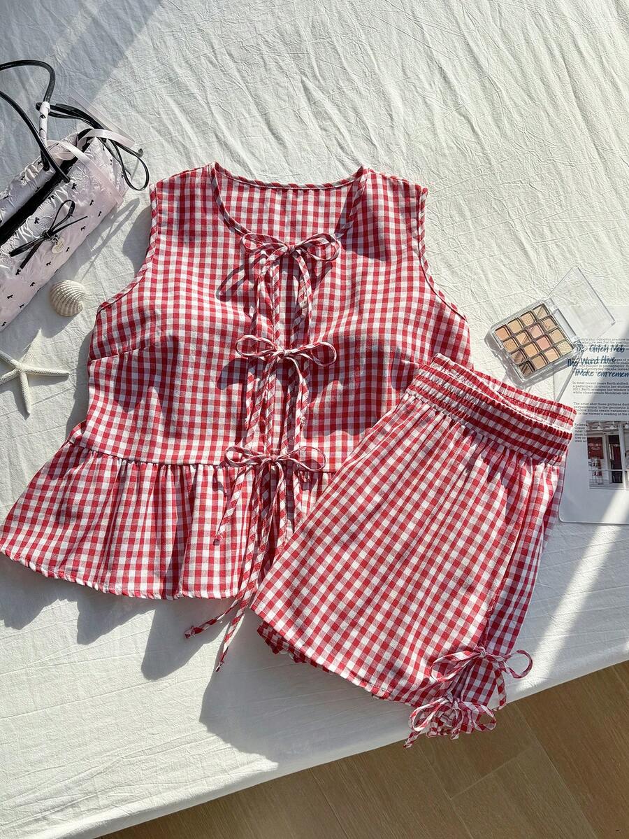 Comfortcana Bộ 2 món áo kẻ caro đỏ trắng mùa hè cỡ lớn thắt nơ 3 chiếc và quần short - Đỏ và trắng - Xem 1