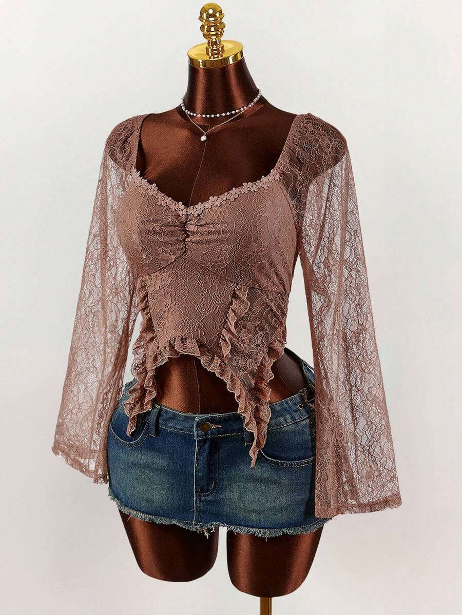 Amplova 大码女式甜心领长袖蕾丝拼接荷叶边不对称下摆时尚衬衫 - 棕色 - 查看 1