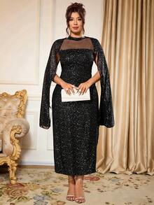 Allurite Plus Size Solid Color Mesh Patchwork Fitted Elegant Dress - Black - View 3