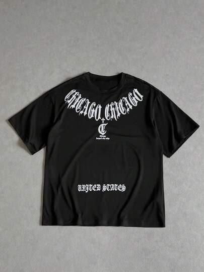 Manfinity ZONE917 男士休闲字母印花宽松短袖T恤，夏季，2000年代风格