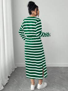 Elenzga 大码女式条纹抽绳腰长袖连衣裙 长袖条纹连衣裙 绿白条纹连衣裙 长袖连衣裙 女式条纹连衣裙 女士休闲长裙 - 綠色 - 查看 2