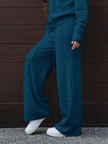 SAYEHFBABY Women's Casual Solid Color Sweater & Pants 2 Pieces Set - Blue - View 3