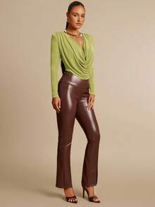 Silquee Olive Green Plunging Neckline Elegant Shoulder Pad Ruched Long Sleeve Bodysuit, Suitable For Dates, Outings, Weddings And Parties - Olive Green - View 7