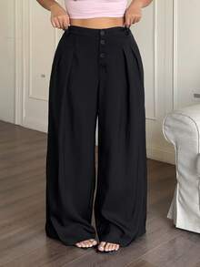 Sunnyshic 大码女式纯色复古学院风百搭浪漫可爱纽扣前褶阔腿弹力腰宽松休闲裤，适合春、夏、秋季工作和通勤穿着。 - 黑色 - 查看 6