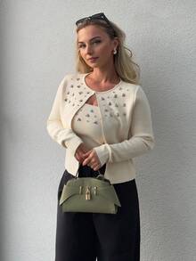 Jeta Ari 珠饰水钻针织开衫 - 杏色 - 查看 4