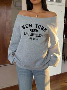 SHEIN EZwear Áo nỉ dài tay mỏng hở vai in họa tiết New York cho nữ, áo dài tay - Màu Xám nhạt - Xem 4