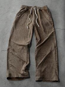 PAVTROS 男士纯色休闲运动裤，宽松版型，男友风，夏季休闲，度假风，Y2K复古风，朋友风，水洗做旧面料，挺括有型长裤 - 棕色 - 查看 3