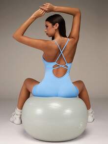 SHEIN BAE 无缝高弹交叉露背运动连体衣 - 藍色 - 查看 3