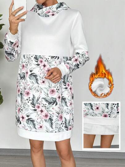 EMERY ROSE Avslappnad termofodrad midi-tröja med huva och lapptäcke, vinter