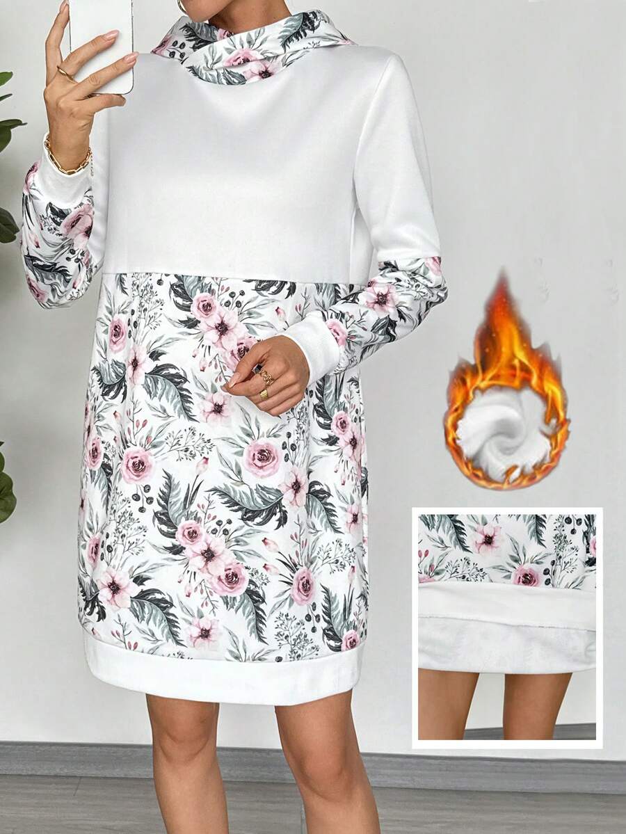 EMERY ROSE Casual Thermal Lined Hooded Patchwork Midi Sweatshirt, Winter - White - View 1