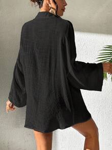SHEIN Swim 女士纯色卷袖宽松休闲和服罩衫 - 黑色 - 查看 2