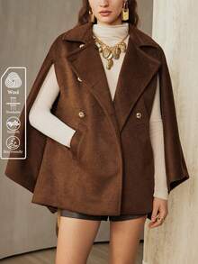 Aveloria Women's Wool Blend Triple Button Small Collar Cape With Slant Pockets, Daily Commute Jacket - Coffee Brown - View 1