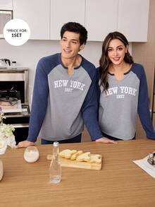 CoupledUp Coupled Up Contrast Raglan Sleeve Letter Print Long Sleeve & Pants Men's Pajama Set - Blue - View 6