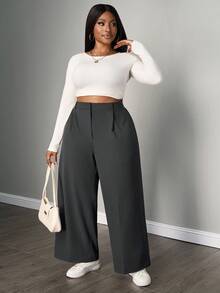 SHEIN PETITE CURVE Quần ống rộng đơn giản xếp ly trơn cỡ lớn - Xám - Xem 5