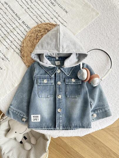 Playful Pals Infant Boys' Casual Denim Lapel Front Button Chest Pocket Knitted Detachable Hoodie Long Sleeve Jacket, Autumn/Winter