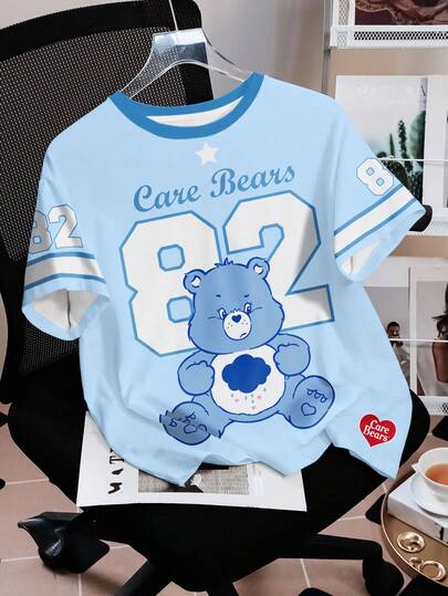 SHEIN X Care Bears Women's Casual Numeric & Bear Print Round Neck Short Sleeve T-Shirt, Summer