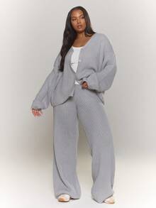 MUSERA Plus Size Knitted Fitted Wide Leg Trousers Everyday Casual Cozy Cute Evening Party Elegant Spring - Light Grey - View 1