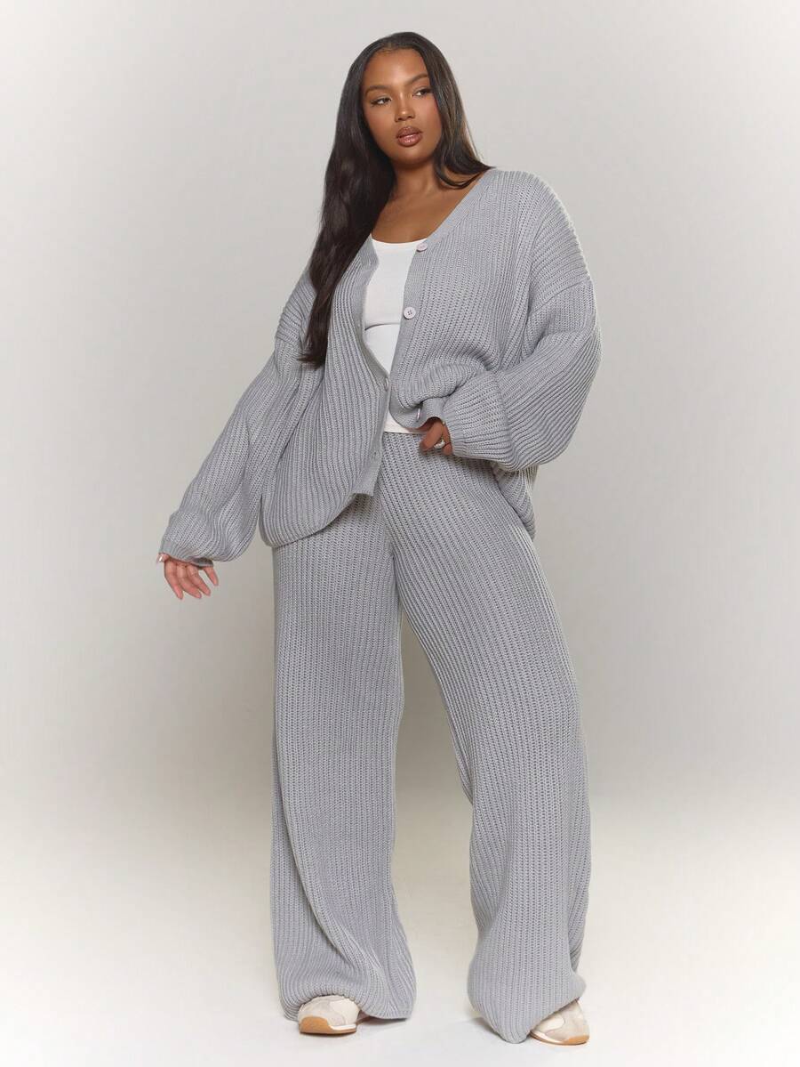 MUSERA Plus Size Knitted Fitted Wide Leg Trousers Everyday Casual Cozy Cute Evening Party Elegant Spring - Light Grey - View 1