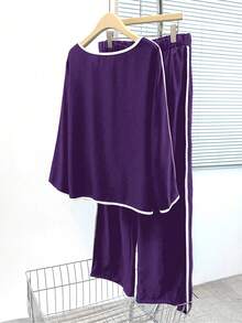 EMERY ROSE Plus Size Contrast Color Long Sleeve Top And Wide Leg Pants 2 Pieces Set - Purple - View 2