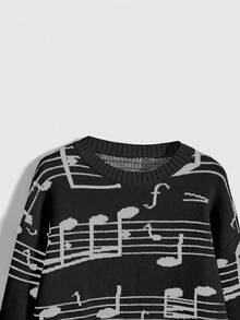 ROMWE Women's Retro Musical Note & Treble Clef Jacquard Knit Sweater - Black - View 3