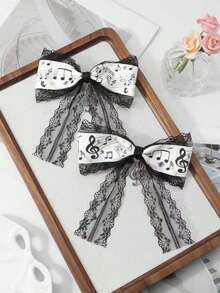 ROMWE Kawaii 2件套简约百搭复古时尚高品质黑白音符蝴蝶结吊坠DIY发夹，侧夹组合套装，适合女性、女孩日常佩戴，节日礼物 - 黑白色-6 - 查看 6